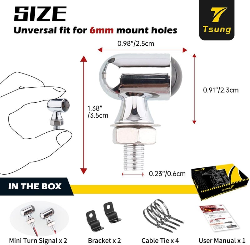 TSUNG Mini Motorcycle Turn Signals Light LED Micro Blinkers for Front/Rear Universal Aftermarket Small Indicator for Cafe Racer Bobber Cruiser Street Bikes (Chrome-Smoke Lens) - Image 2